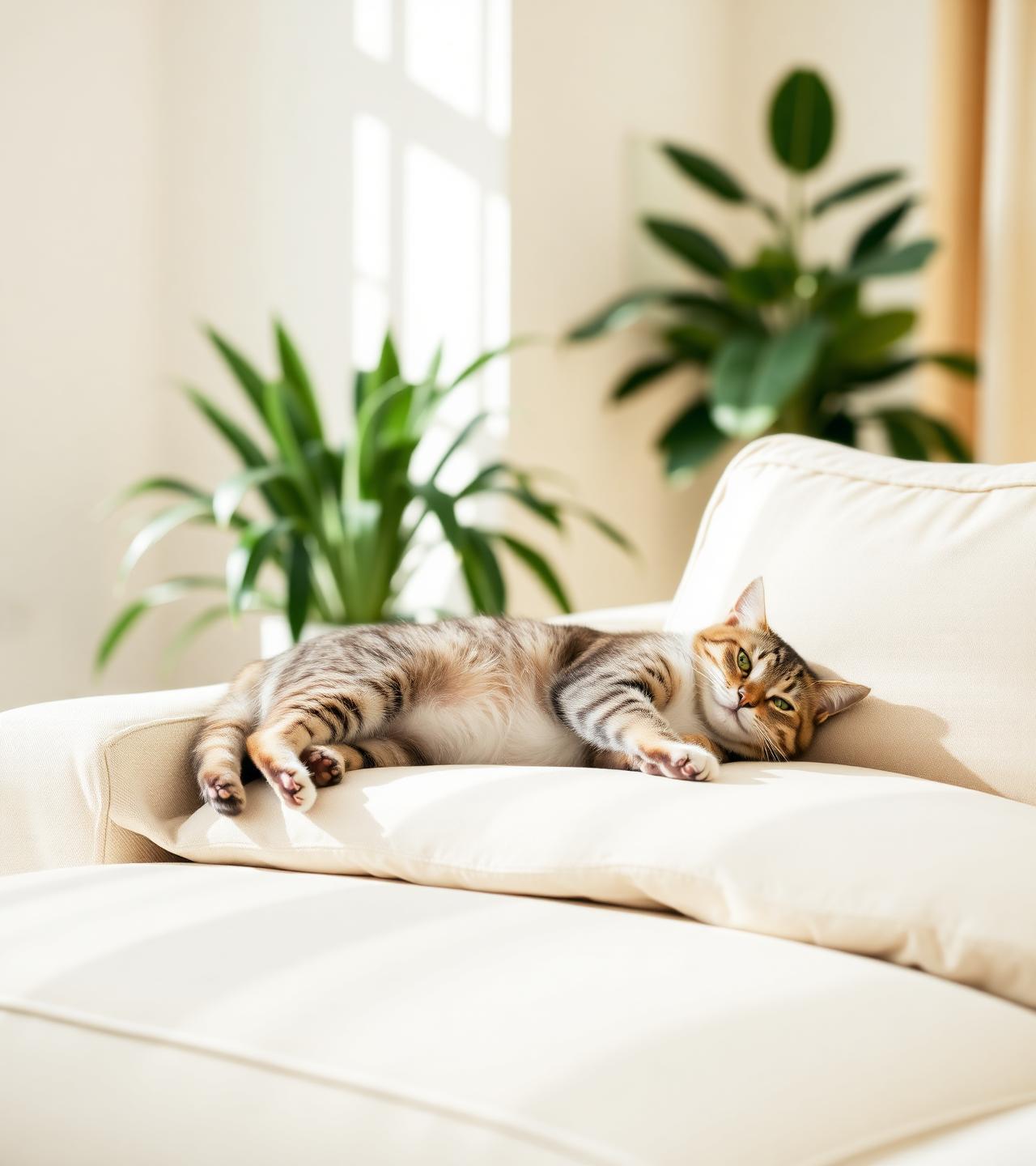 Relaxed tabby cat lounging in a bright, modern home